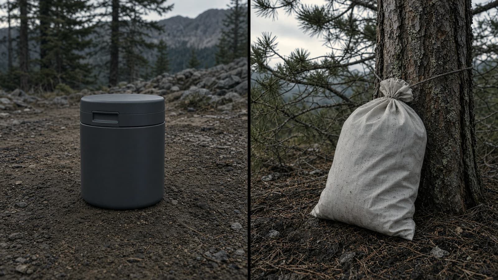 A hard clear bear canister on the ground beside a soft white bear-resistant bag tied to a tree trunk, subalpine camp