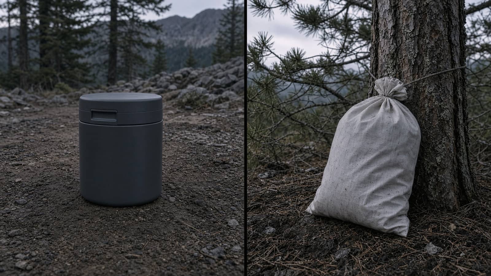 A hard clear bear canister on the ground beside a soft white bear-resistant bag tied to a tree trunk, subalpine camp