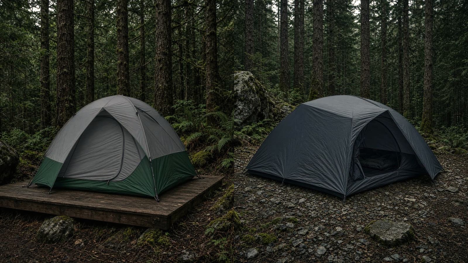 A freestanding two-door dome tent on a wooden platform beside a freestanding two-person tent on a gravel forest campsite