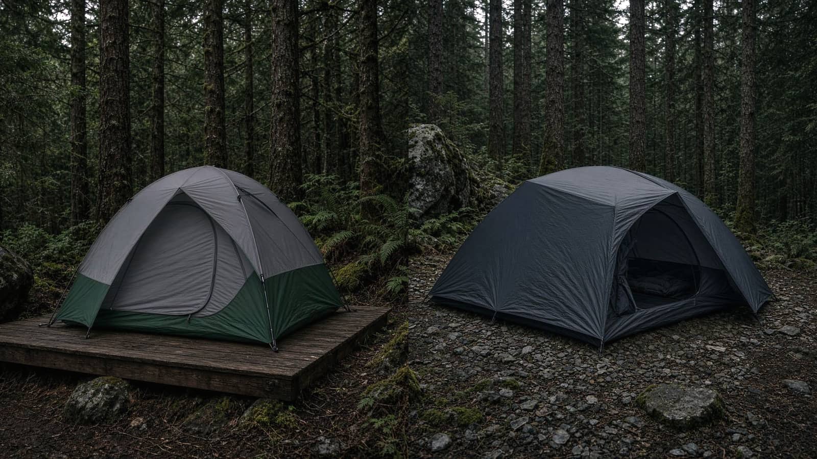 A freestanding two-door dome tent on a wooden platform beside a freestanding two-person tent on a gravel forest campsite