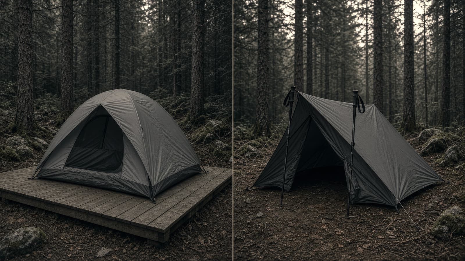 A freestanding two-door dome tent on a wooden platform beside a trekking-pole tent staked on soil, poles visible, forest camp