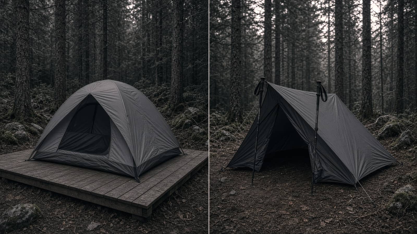 A freestanding two-door dome tent on a wooden platform beside a trekking-pole tent staked on soil, poles visible, forest camp