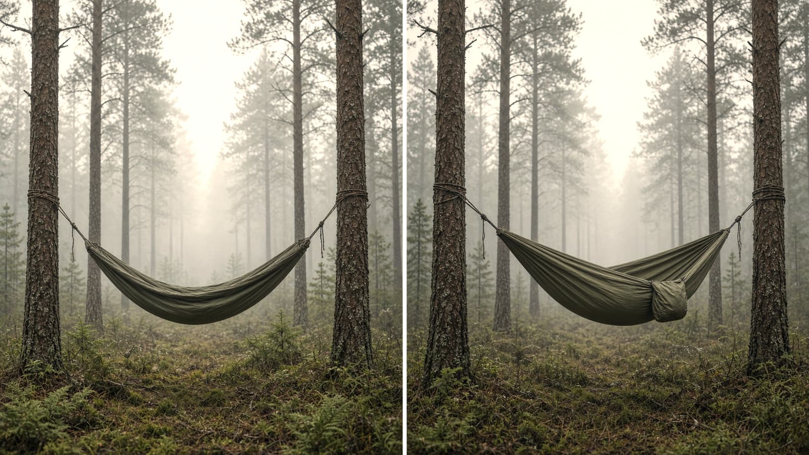 A simple gathered-end hammock between trees beside a camping hammock with a structural ridgeline and footbox, pine forest