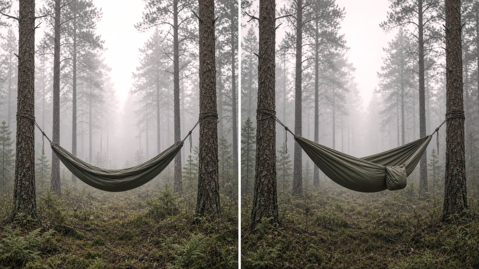 A simple gathered-end hammock between trees beside a camping hammock with a structural ridgeline and footbox, pine forest