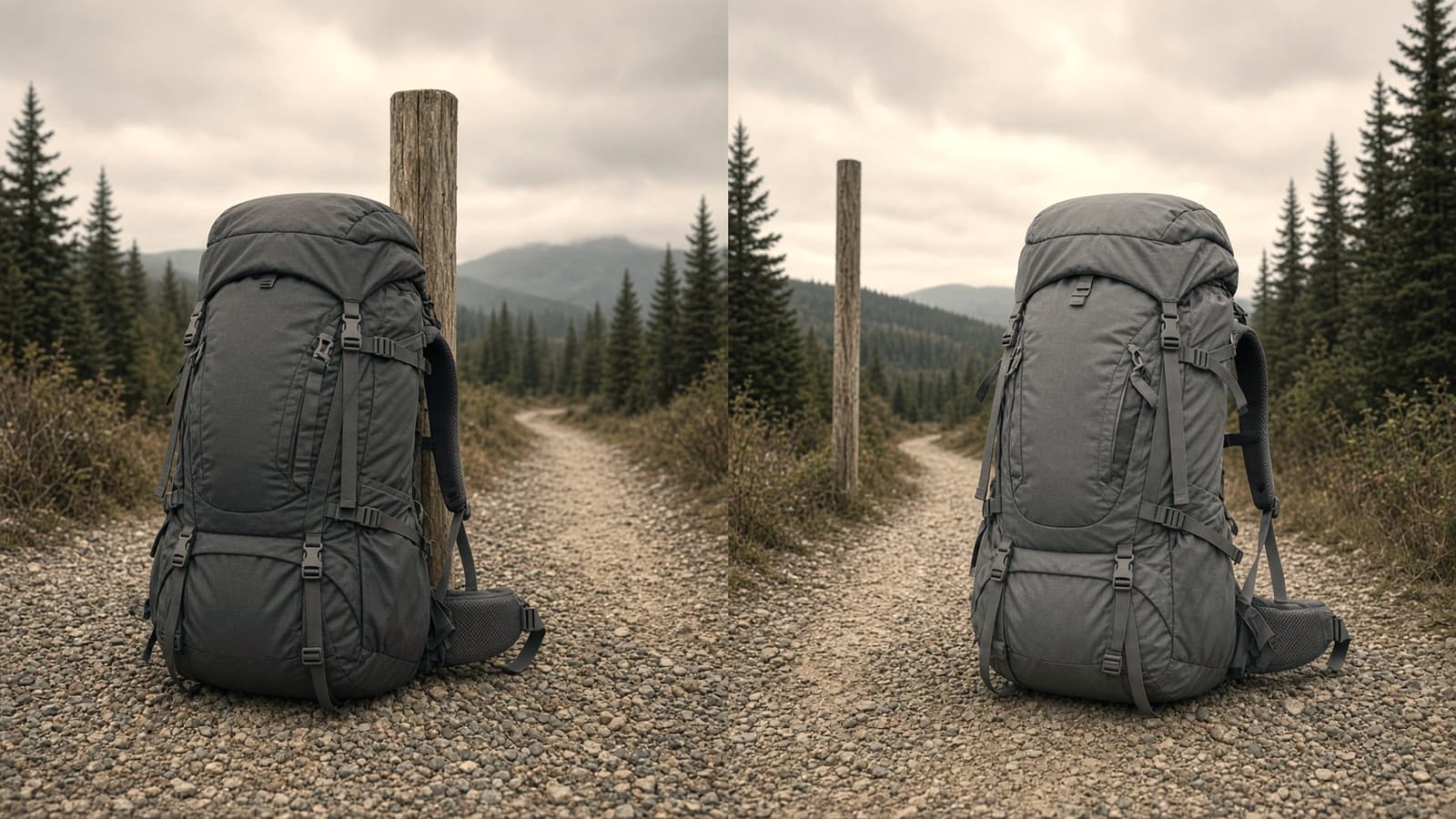 A 55-liter value framed pack beside a lighter 60-liter framed pack, trailhead gravel