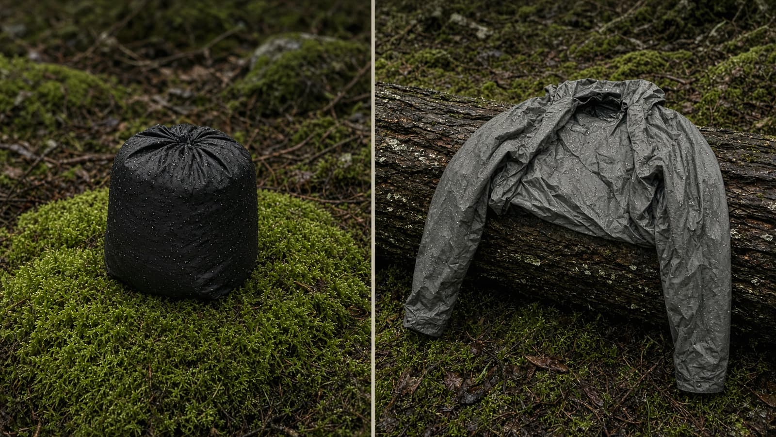 An ultralight rain shell stuffed into a palm-sized pocket beside a fuller-cut rain jacket hanging from a branch, wet forest