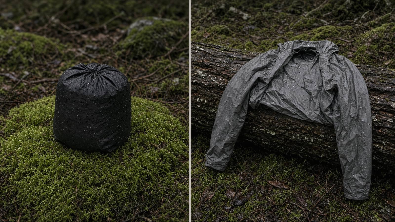 An ultralight rain shell stuffed into a palm-sized pocket beside a fuller-cut rain jacket hanging from a branch, wet forest