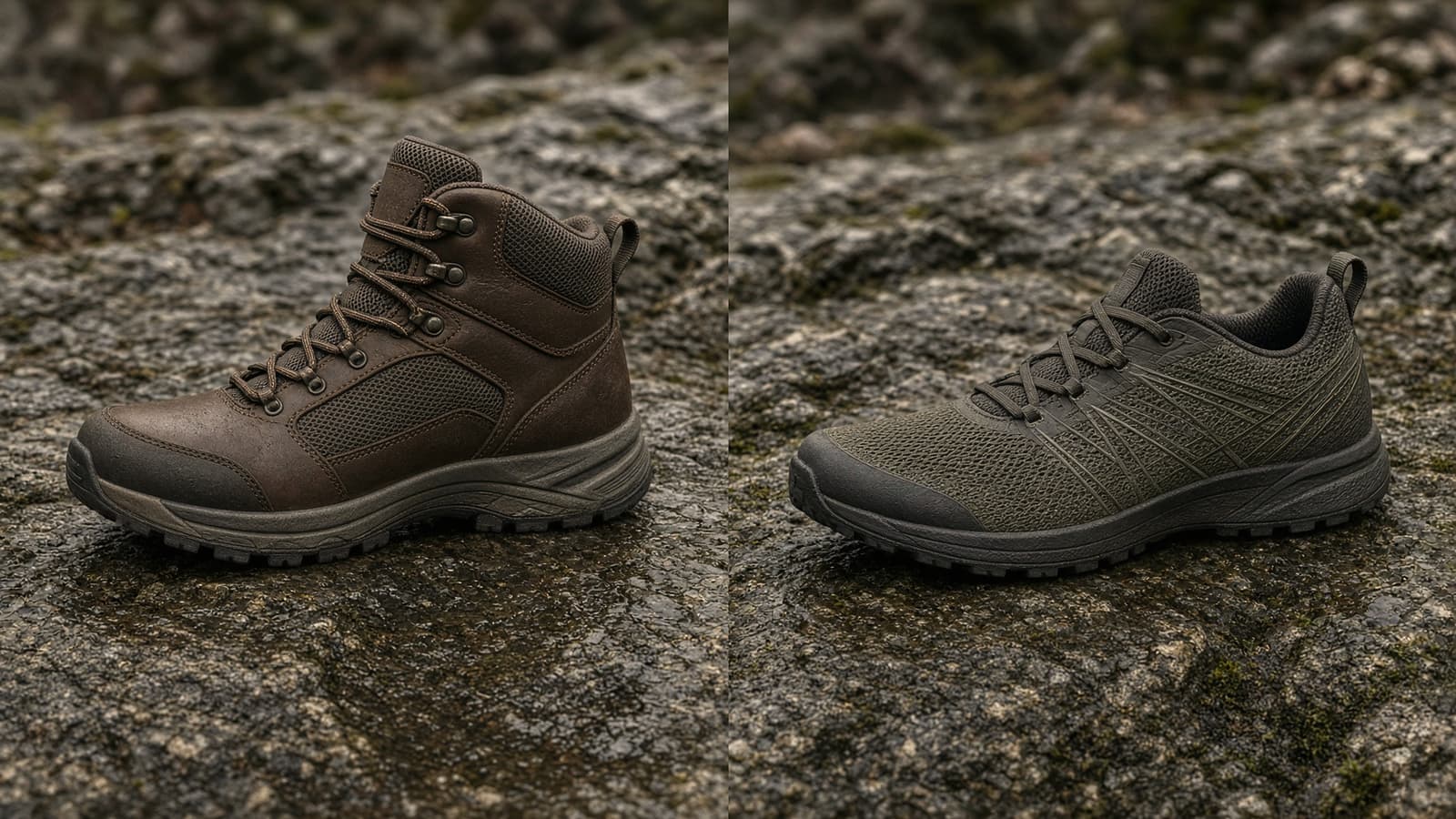 A leather-and-mesh mid hiking boot beside a zero-drop trail shoe with a foot-shaped toe box, wet rock