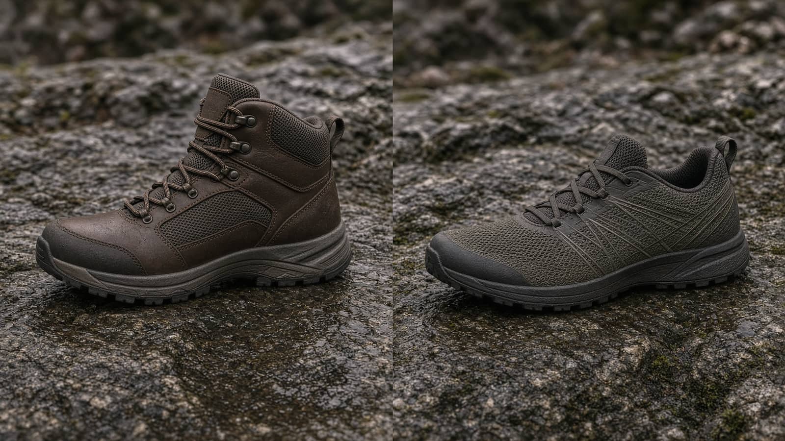 A leather-and-mesh mid hiking boot beside a zero-drop trail shoe with a foot-shaped toe box, wet rock