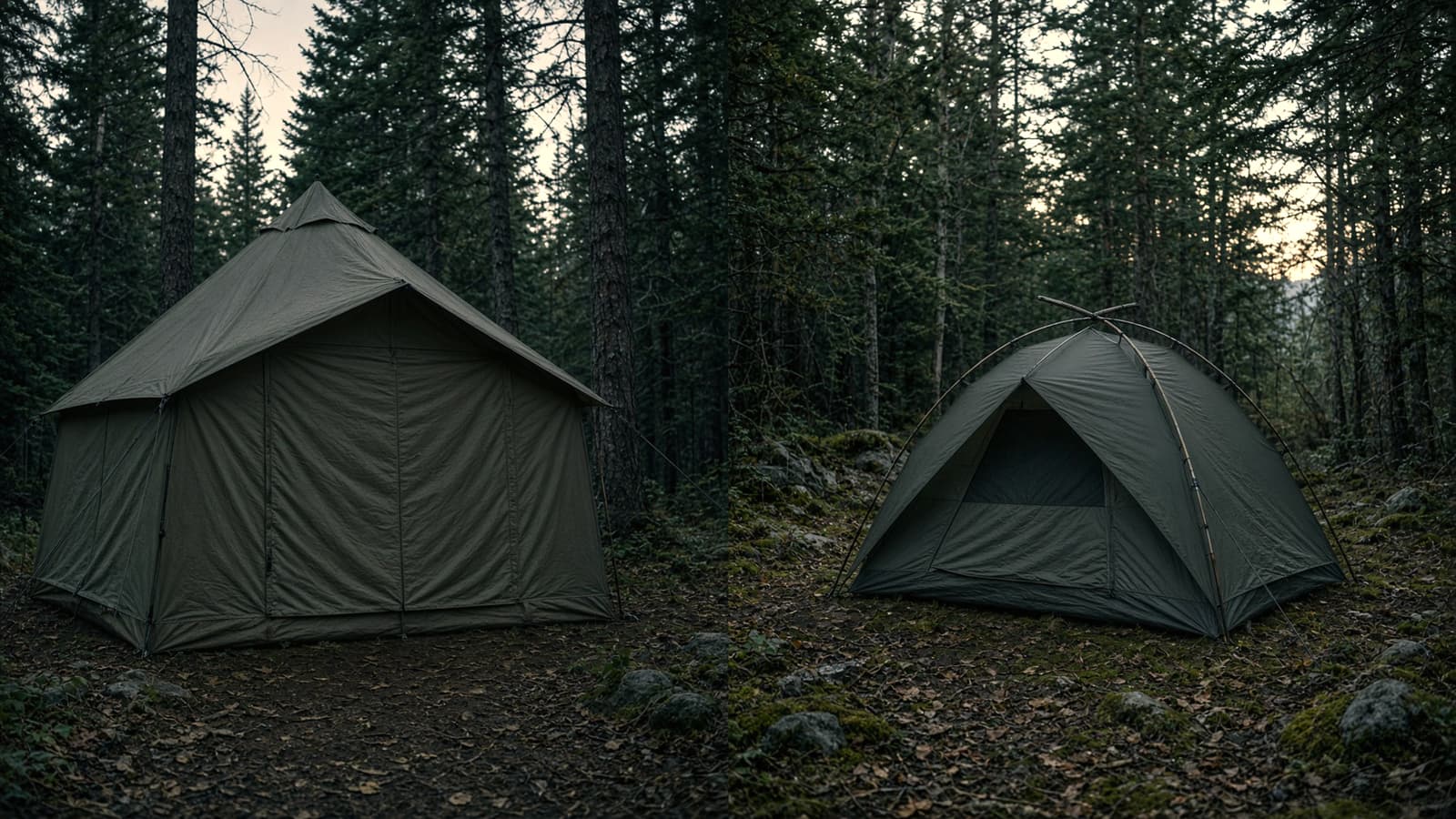A tall cabin-style family tent beside a small dome family tent, car campsite