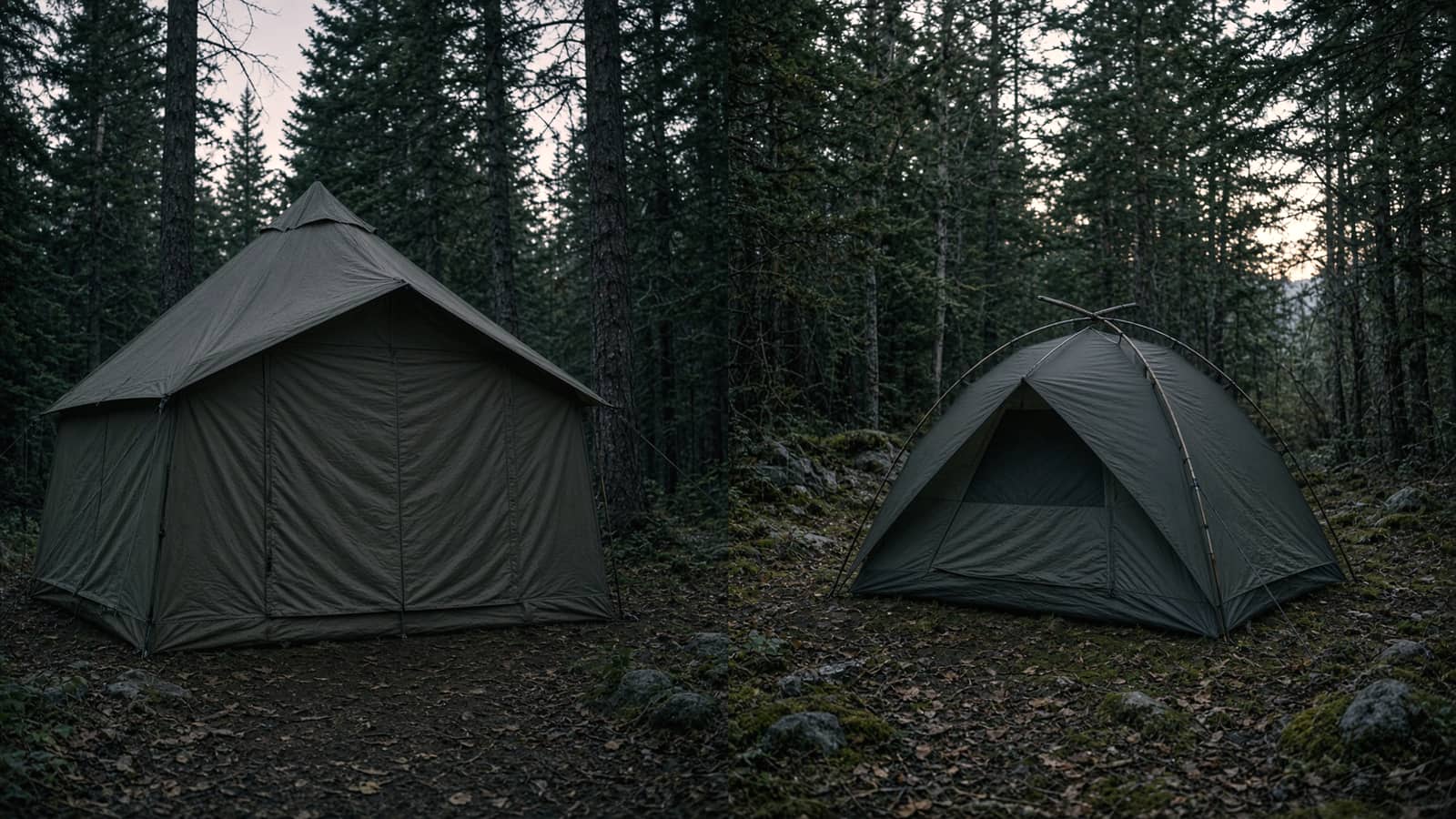A tall cabin-style family tent beside a small dome family tent, car campsite