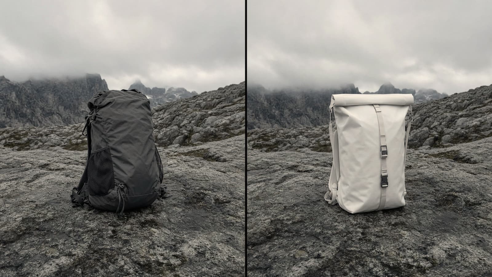 A padded ultralight pack with mesh pockets beside a white waterproof roll-top pack, alpine slab