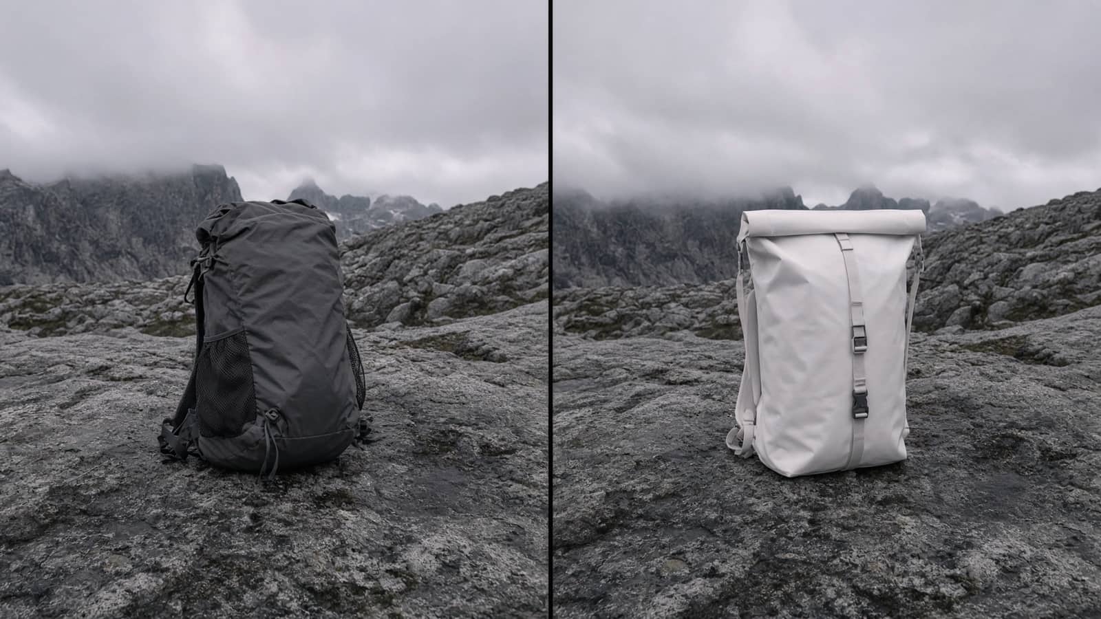 A padded ultralight pack with mesh pockets beside a white waterproof roll-top pack, alpine slab