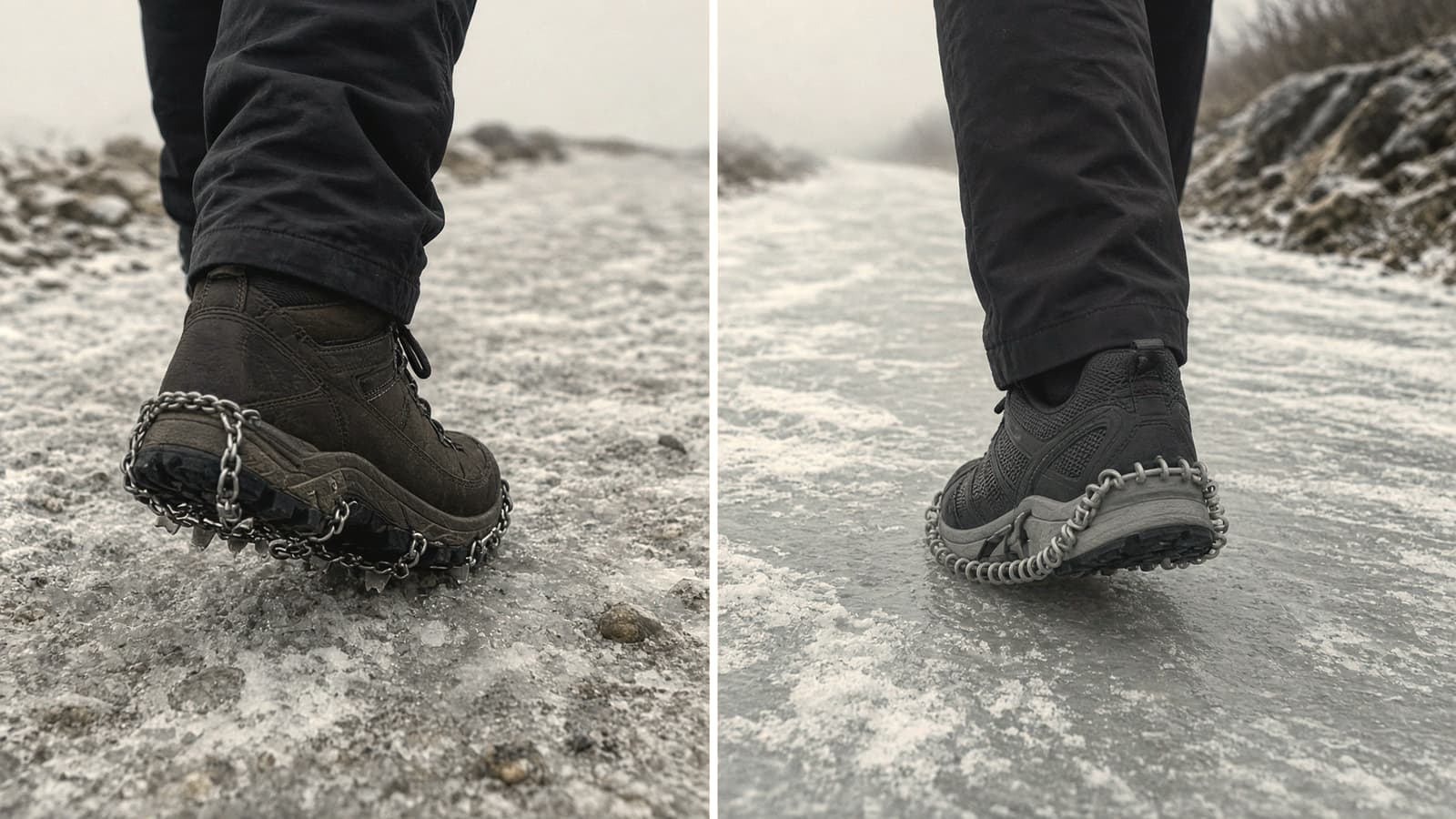 Chain microspikes on a boot on an icy trail beside coil traction on a shoe on an icy sidewalk, winter