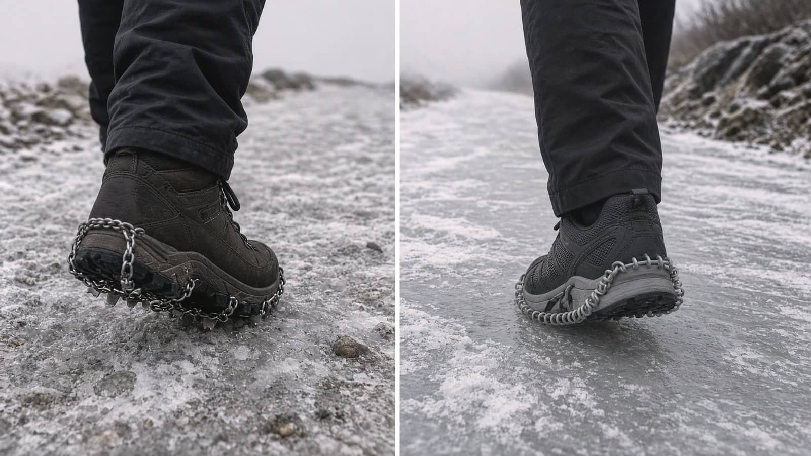 Chain microspikes on a boot on an icy trail beside coil traction on a shoe on an icy sidewalk, winter