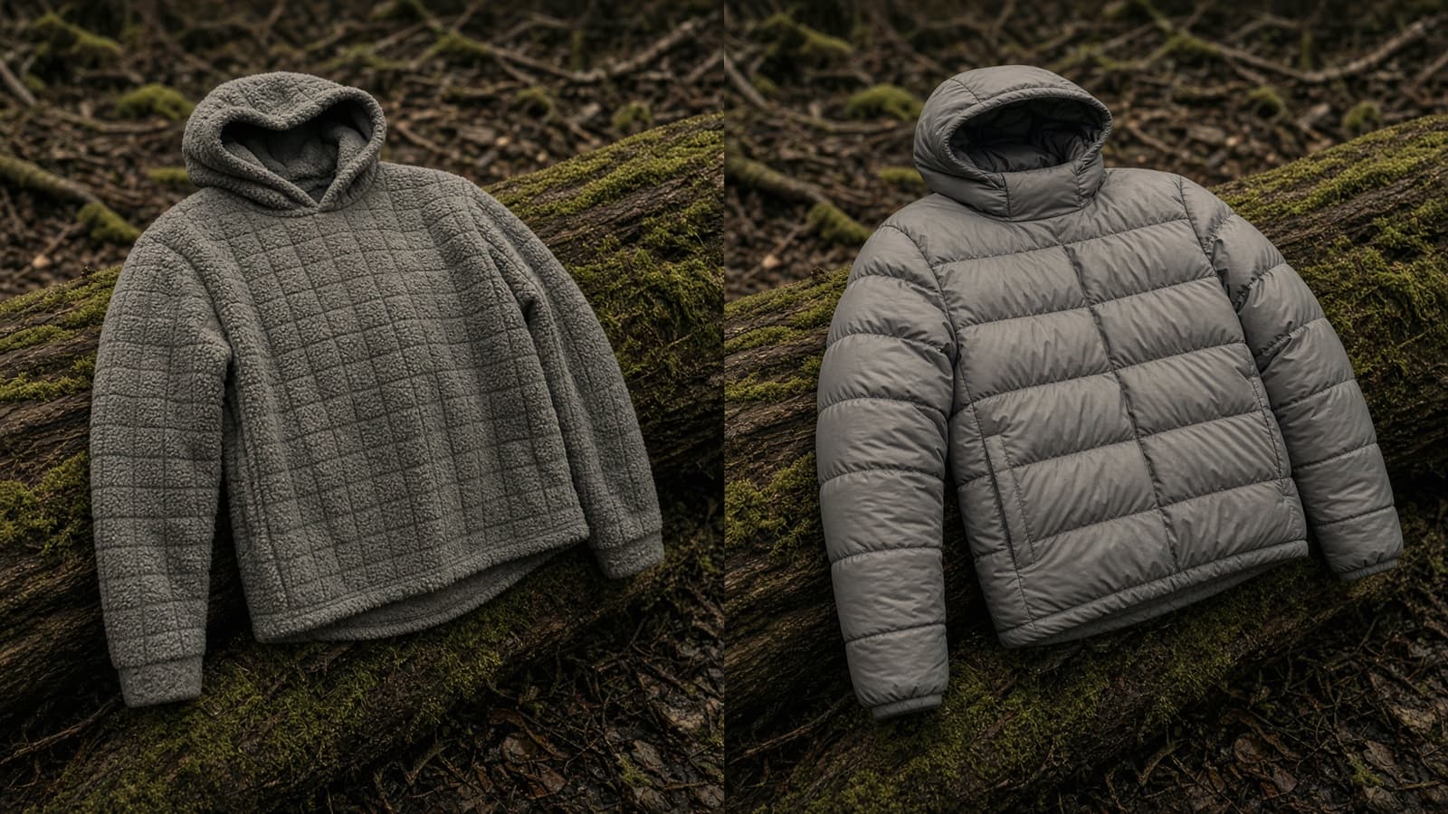 A grid-fleece hoody hung on a branch beside a synthetic insulated hoody hung on a branch, cold forest