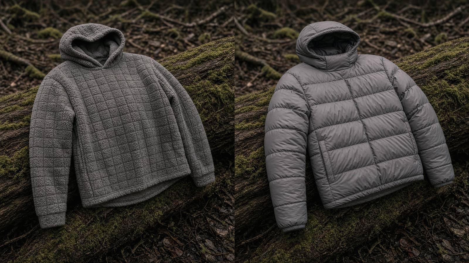 A grid-fleece hoody hung on a branch beside a synthetic insulated hoody hung on a branch, cold forest