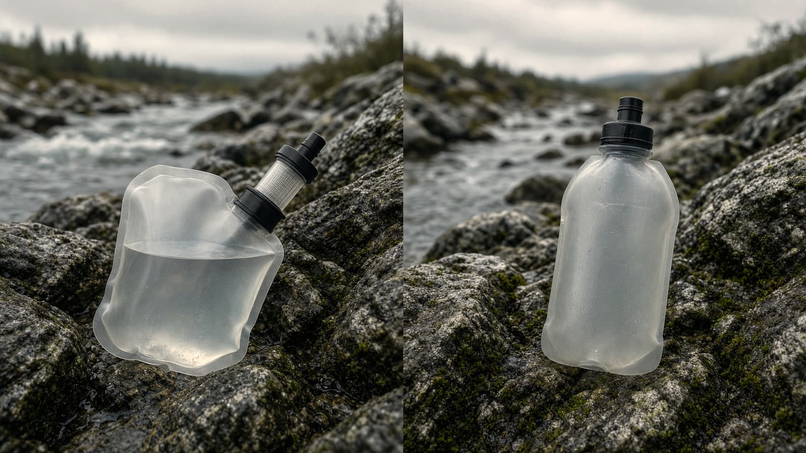 A squeeze filter screwed onto a soft bag beside a soft flask with a filter cap, stream rocks