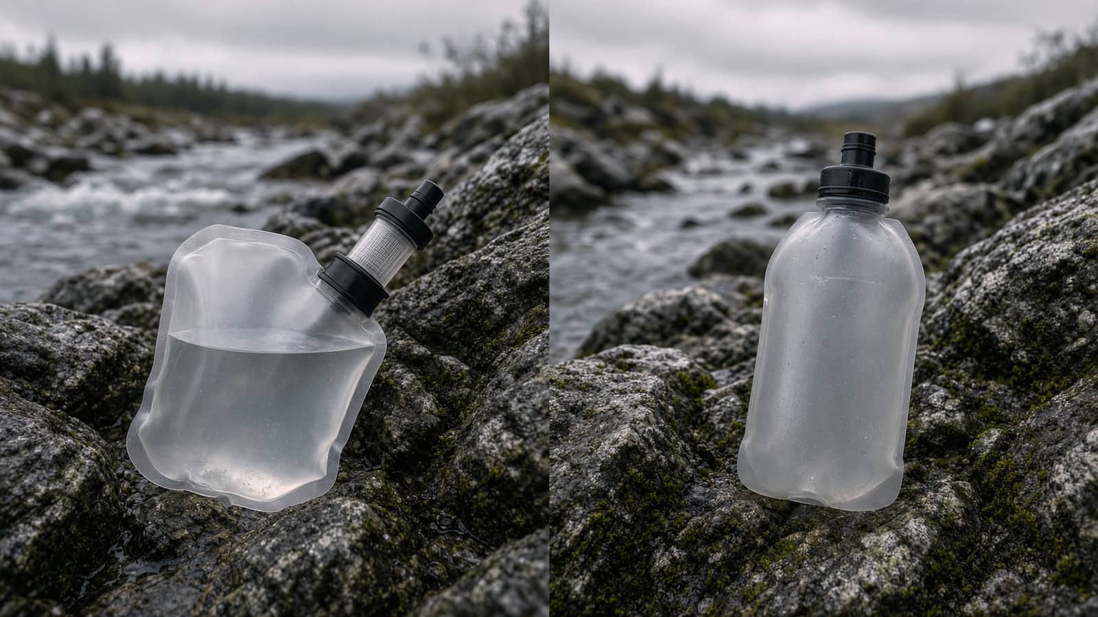 A squeeze filter screwed onto a soft bag beside a soft flask with a filter cap, stream rocks