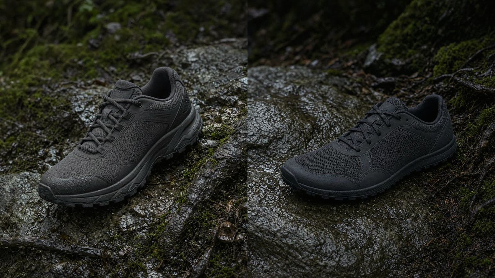 A high-cushion trail running shoe beside a zero-drop trail shoe with a foot-shaped toe box, both on wet rock and roots