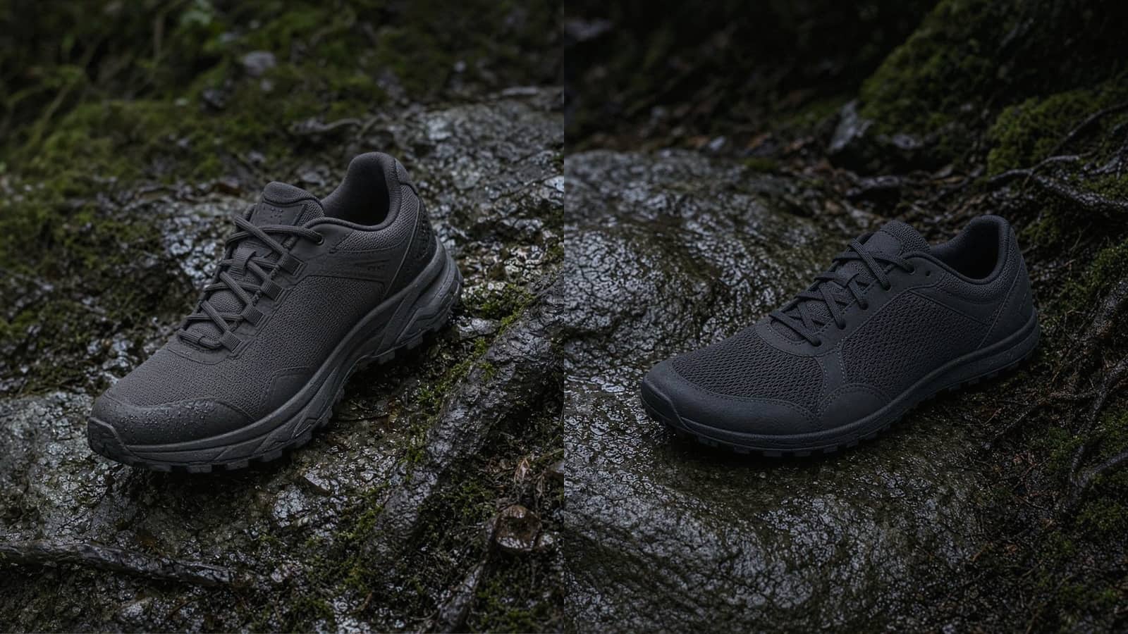 A high-cushion trail running shoe beside a zero-drop trail shoe with a foot-shaped toe box, both on wet rock and roots