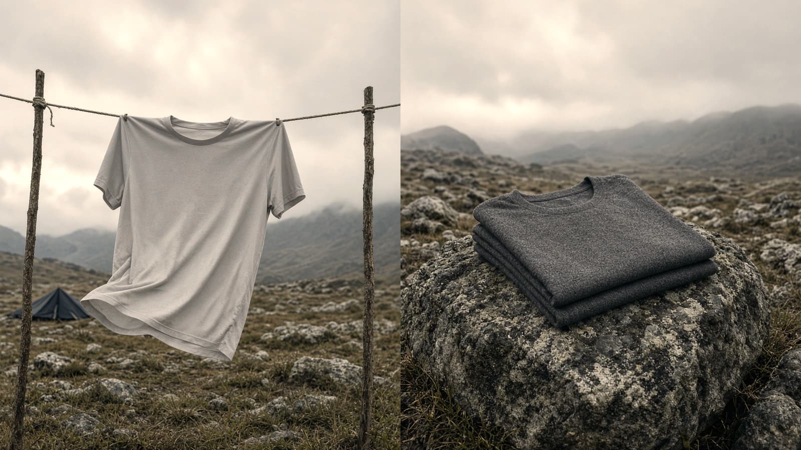 A synthetic tee drying on a line in wind beside a merino tee folded on a rock, breezy camp