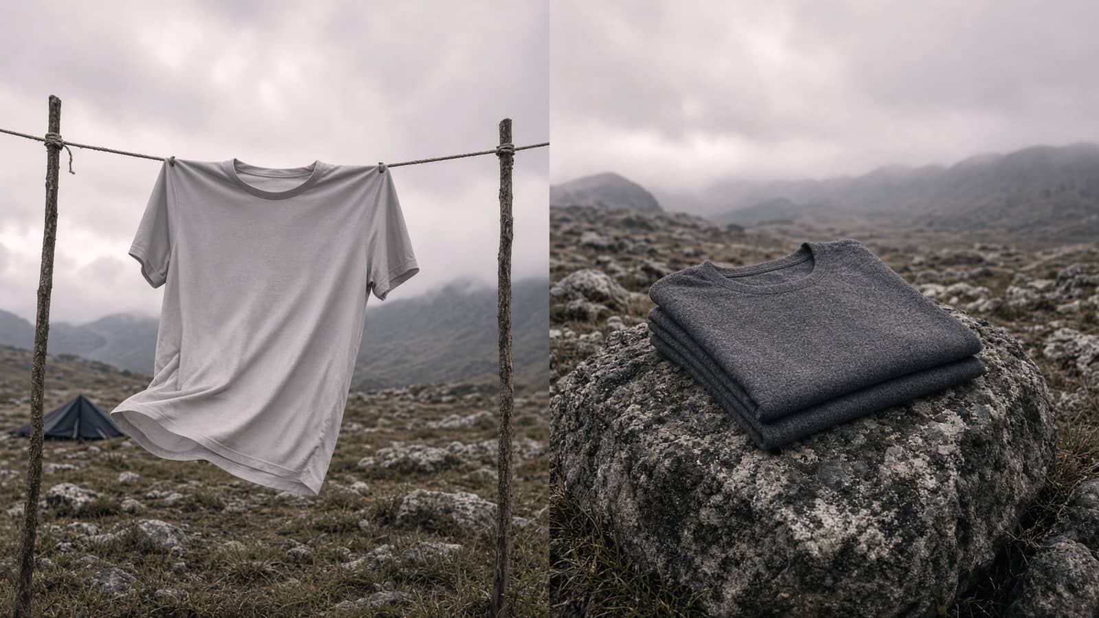 A synthetic tee drying on a line in wind beside a merino tee folded on a rock, breezy camp