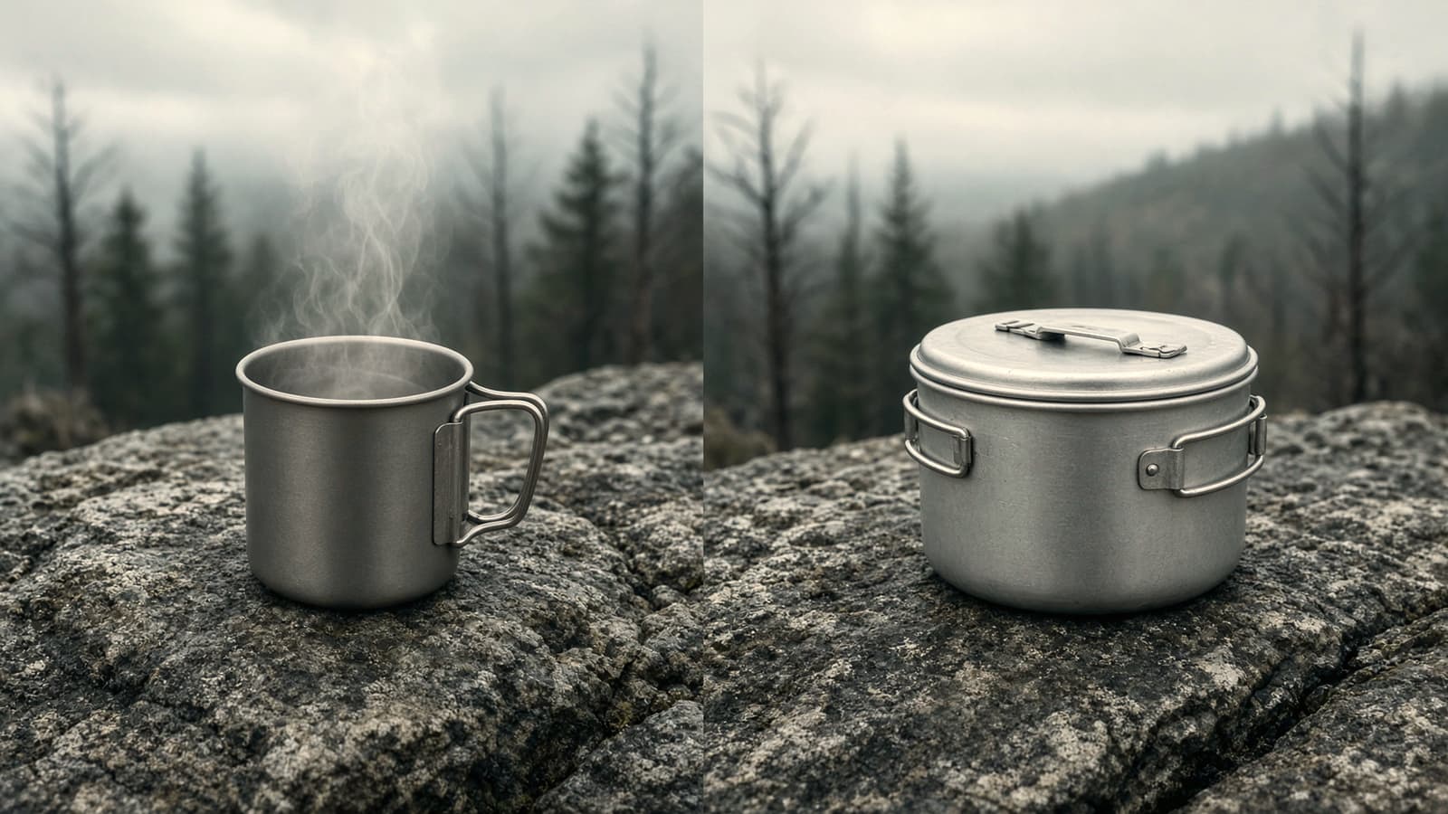 A titanium mug-style solo pot beside an aluminum pot with lid for two, stone at camp