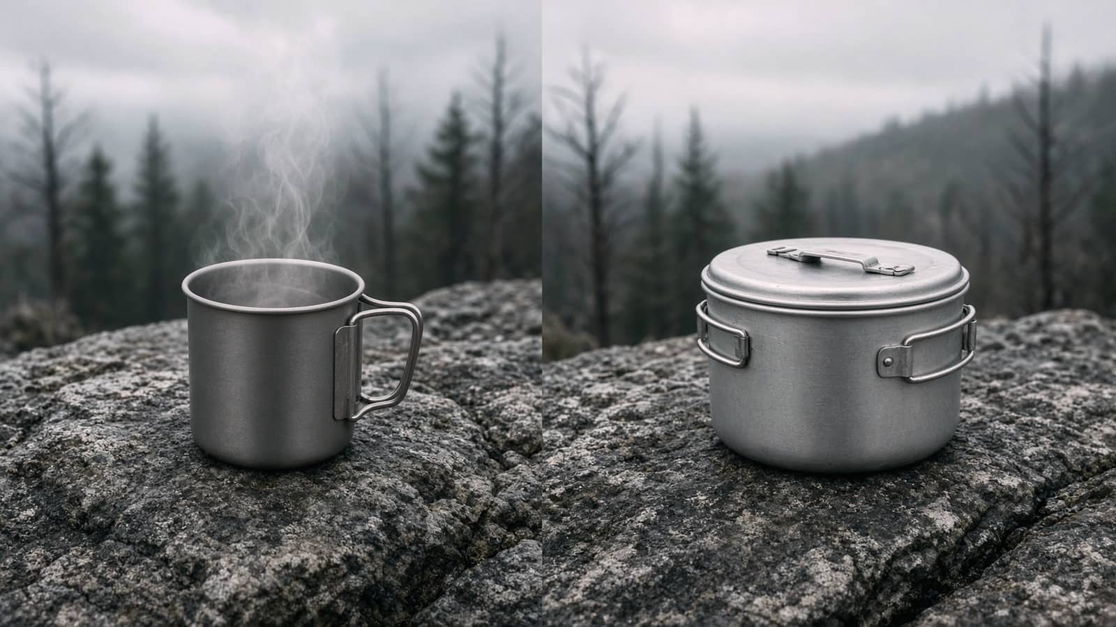 A titanium mug-style solo pot beside an aluminum pot with lid for two, stone at camp