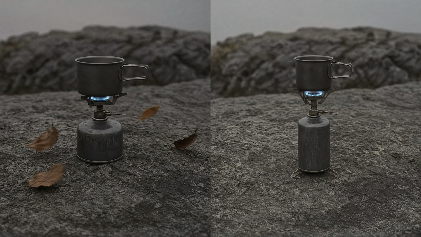 A compact canister stove holding a flame in wind with a pot beside a small upright canister stove in calm air, flat rock at