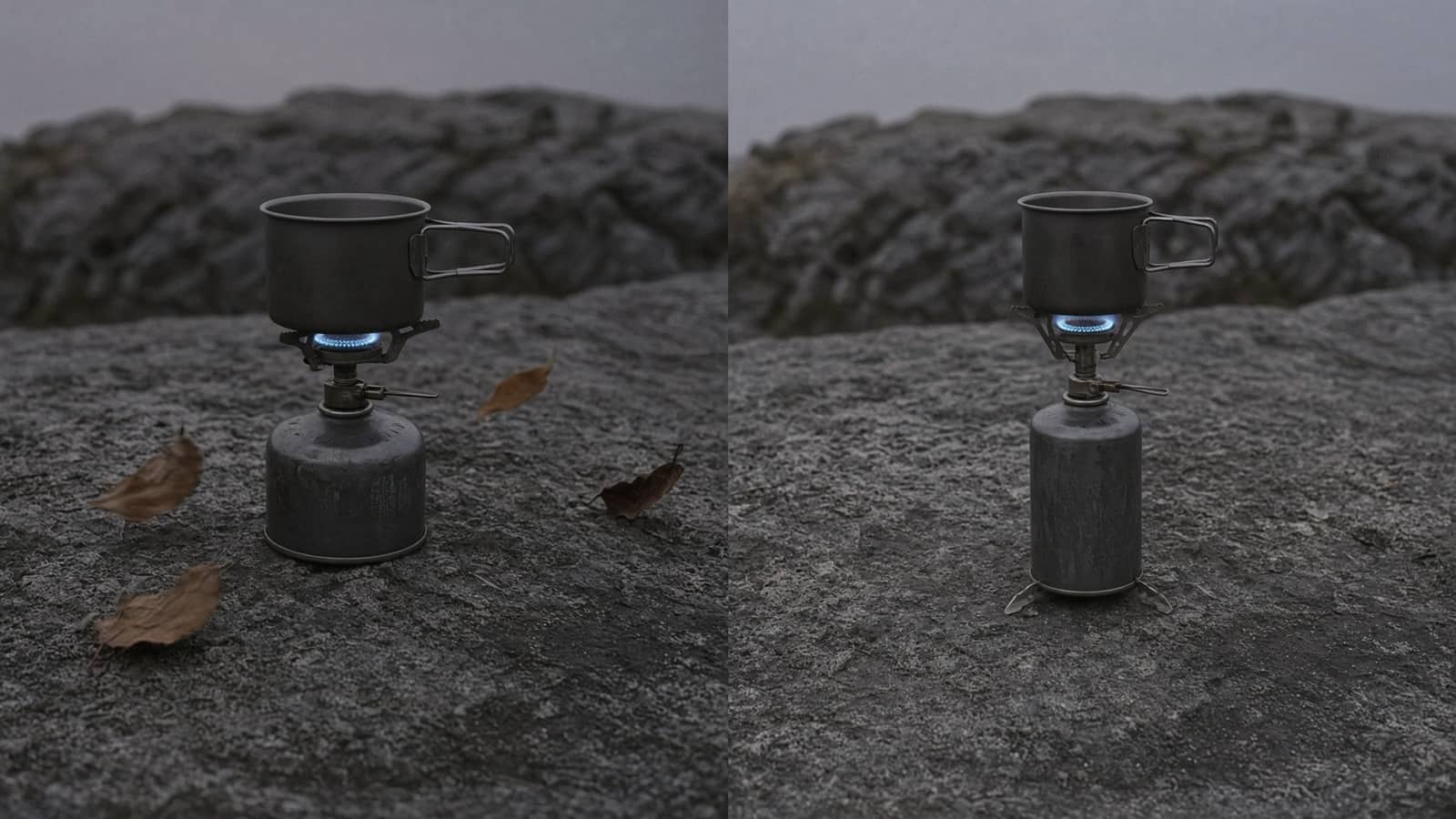 A compact canister stove holding a flame in wind with a pot beside a small upright canister stove in calm air, flat rock at