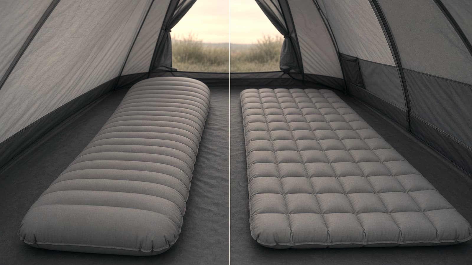 A tapered mummy-shaped air pad beside a rectangular quilted-baffle air pad, tent floor at dawn