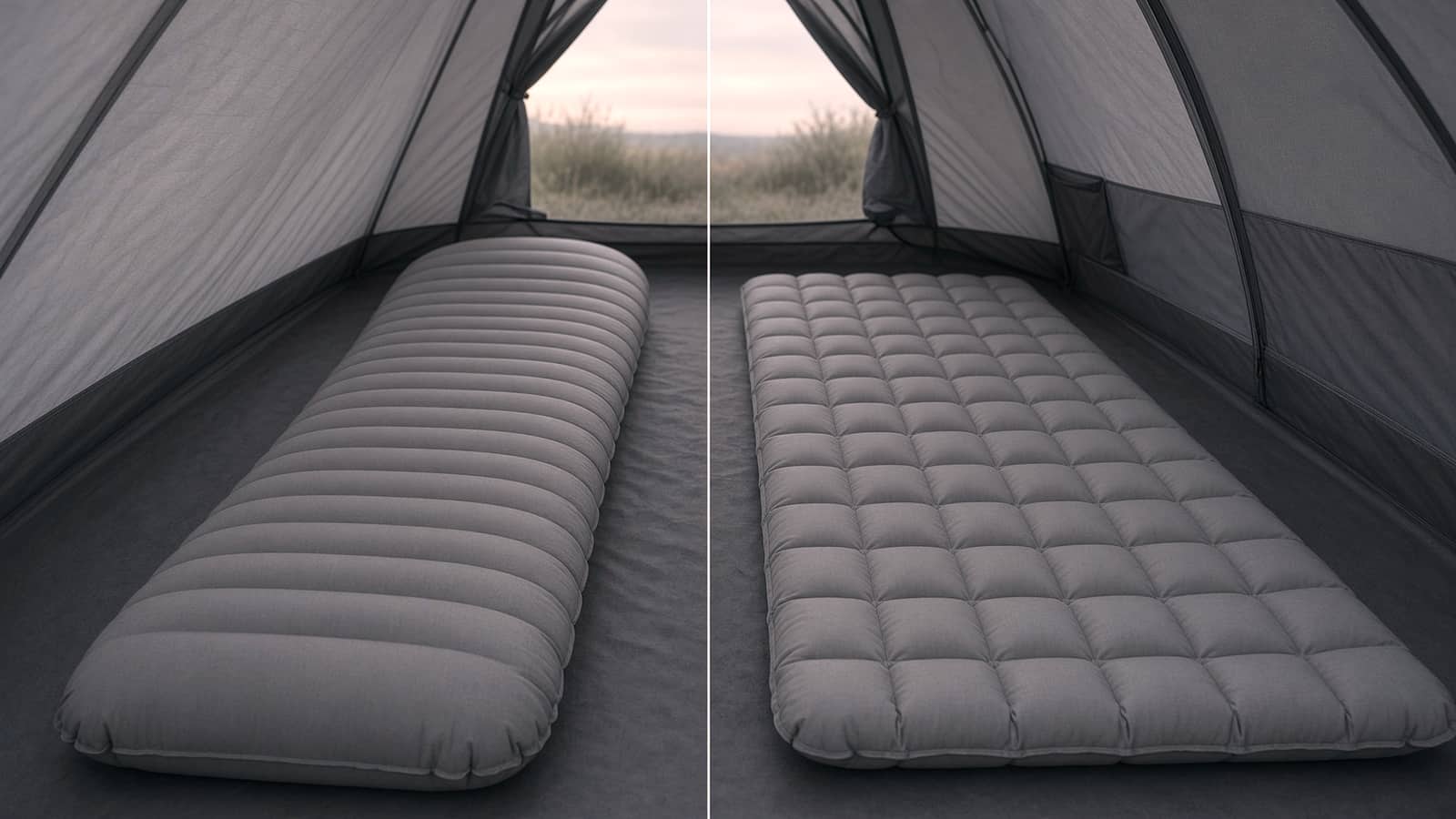 A tapered mummy-shaped air pad beside a rectangular quilted-baffle air pad, tent floor at dawn