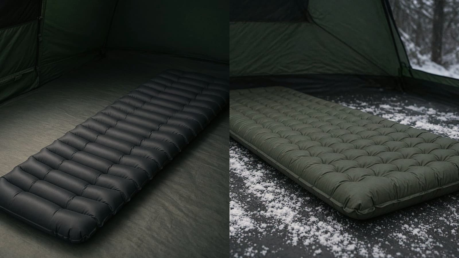 A tapered mummy air pad on a tent floor beside a cold-weather insulated air pad on a snow-dusted tent floor