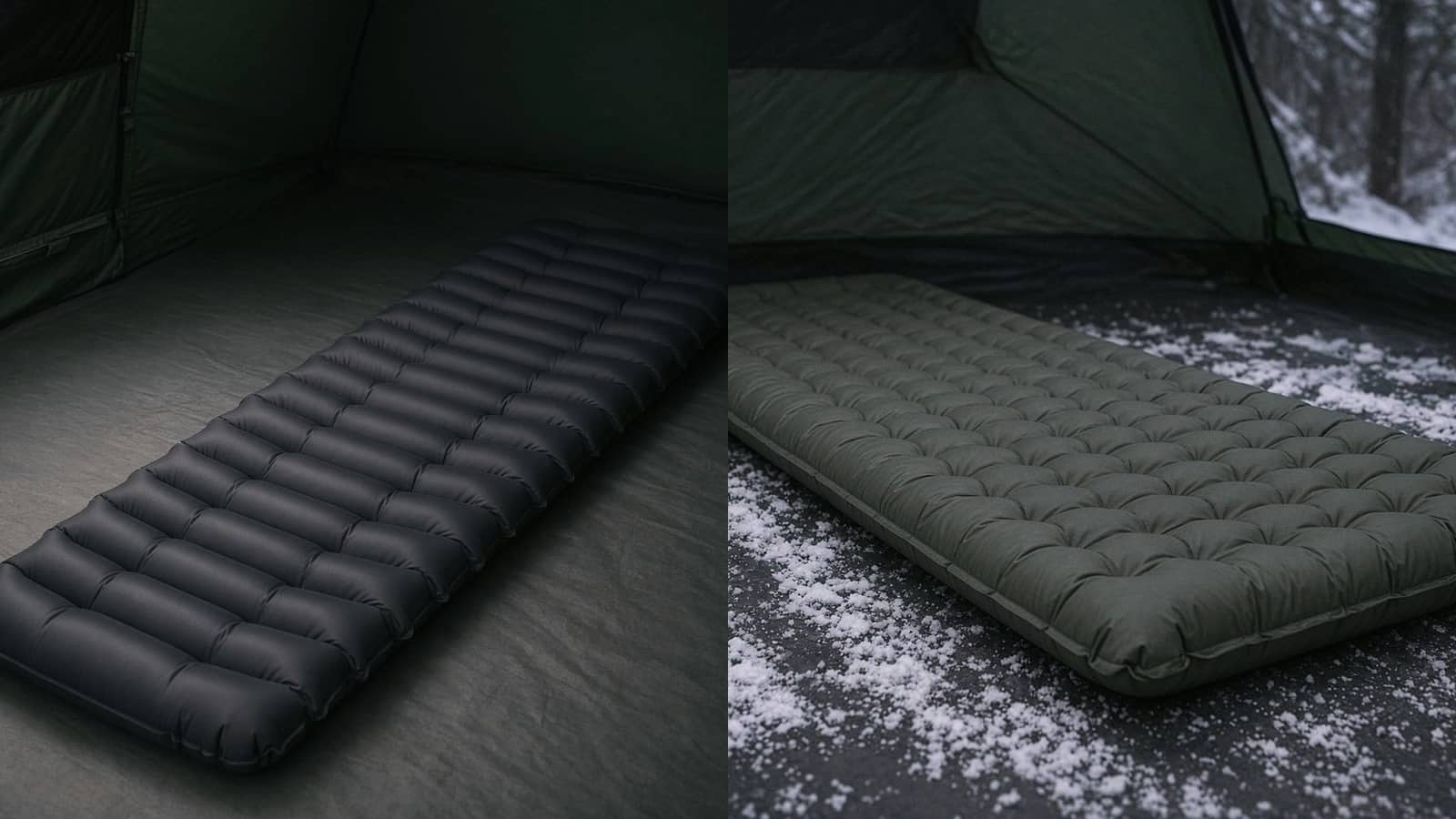 A tapered mummy air pad on a tent floor beside a cold-weather insulated air pad on a snow-dusted tent floor