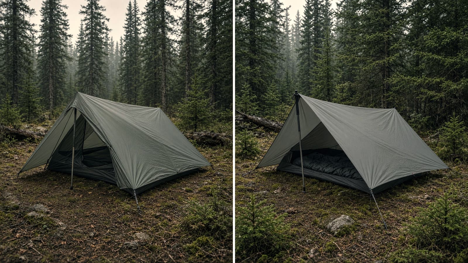 A double-wall solo trekking-pole tent beside a single-wall solo tarp-tent, small forest clearing