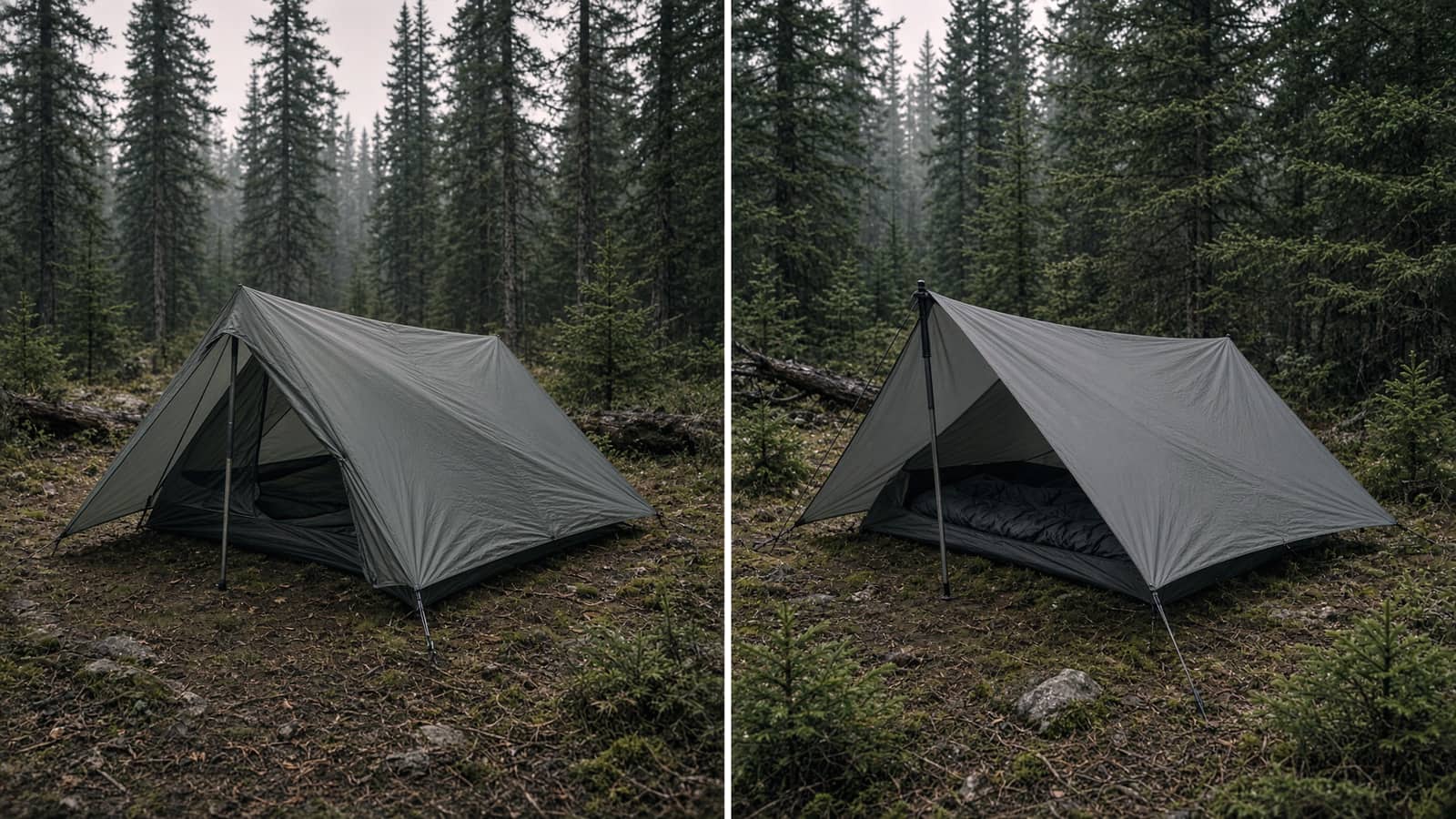 A double-wall solo trekking-pole tent beside a single-wall solo tarp-tent, small forest clearing