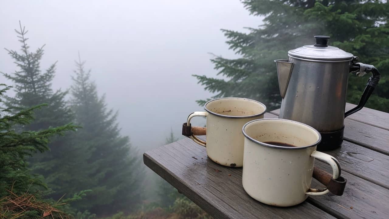 Two enamel mugs and a percolator on a camp table in the right half, darker mist on the left