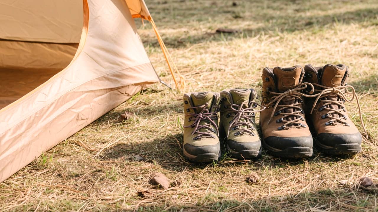 An adult pair and a child-size pair of hiking boots outside an open tent door in soft sunshine