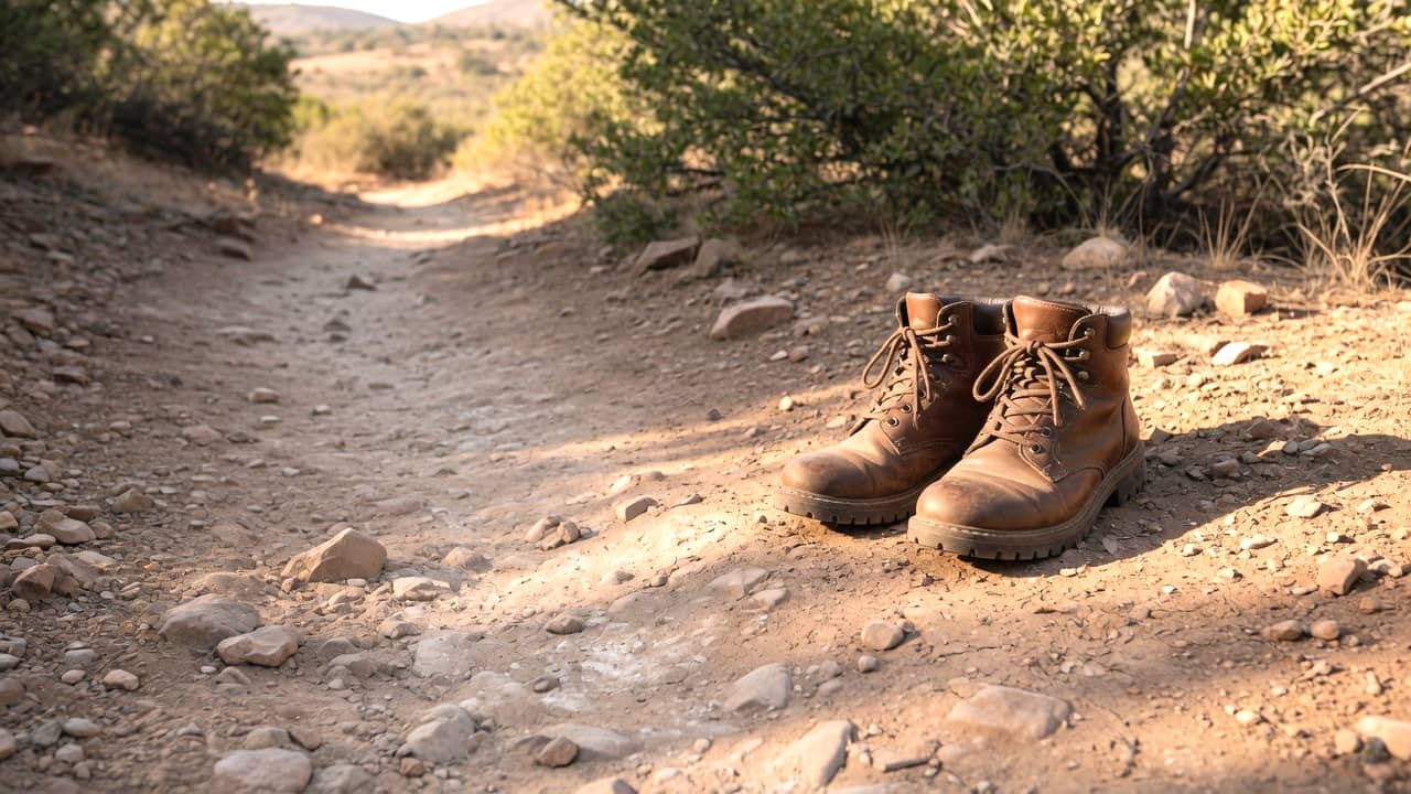 A pair of brown hiking boots on a dry, sunny rocky trail in the right half, softer trail on the left