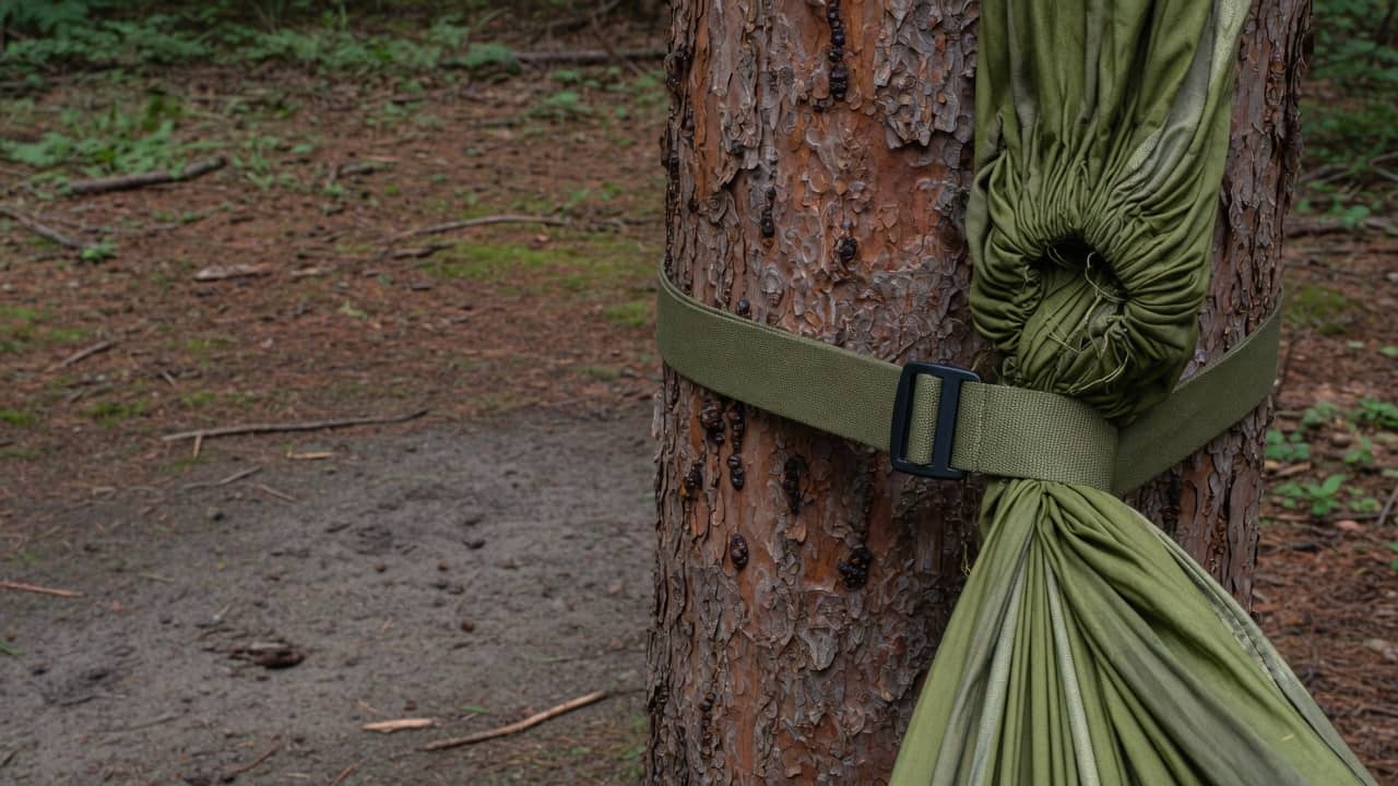 A hammock gathered onto a wide strap around a pine on the right, darker forest floor on the left