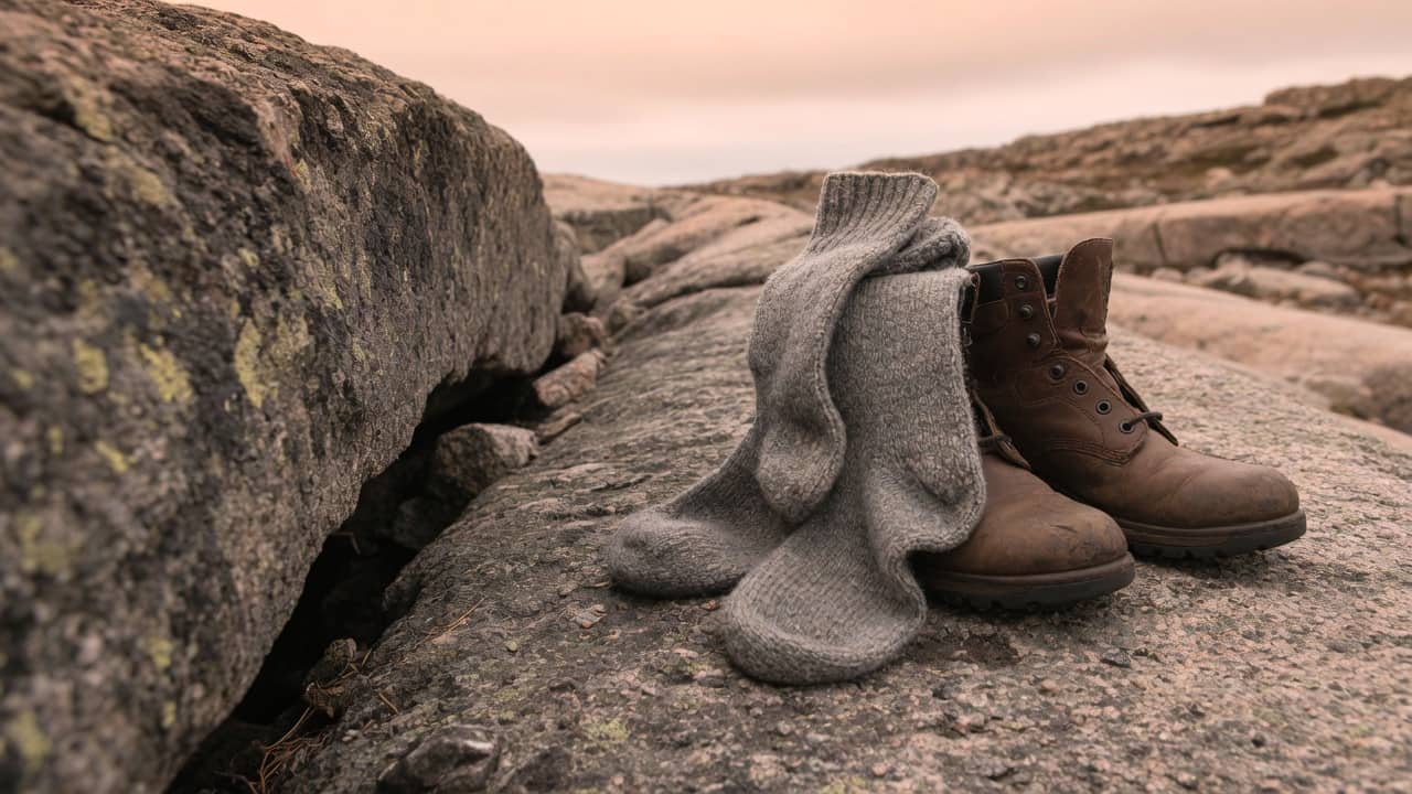 Wool hiking socks and a plain boot on a rock in the right half, darker stone on the left