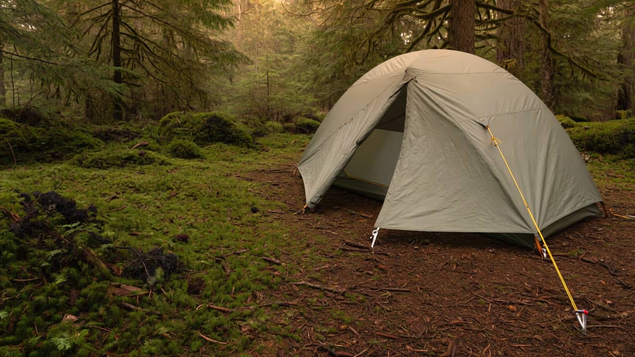 A grey-green dome tent in the right half of a forest clearing, door open, one guyline and a stake, darker empty duff on the left