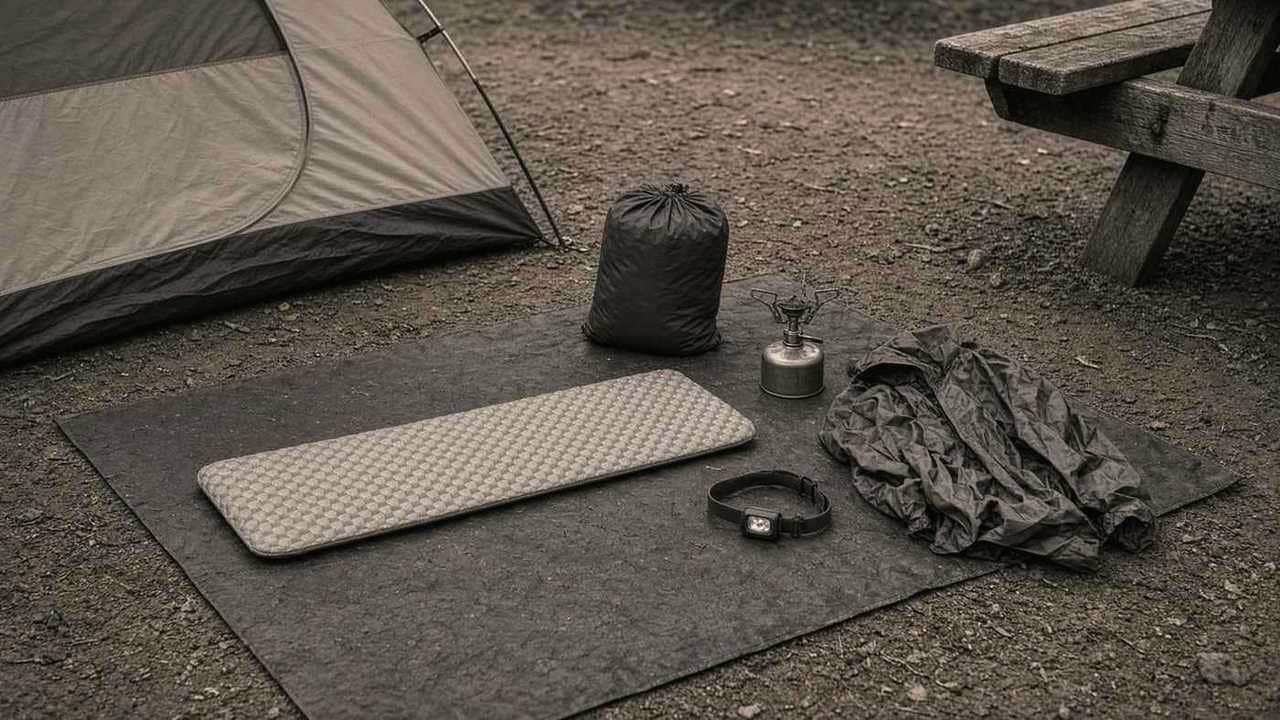A first-night kit laid out on a tent footprint: shelter, pad, bag, headlamp, stove