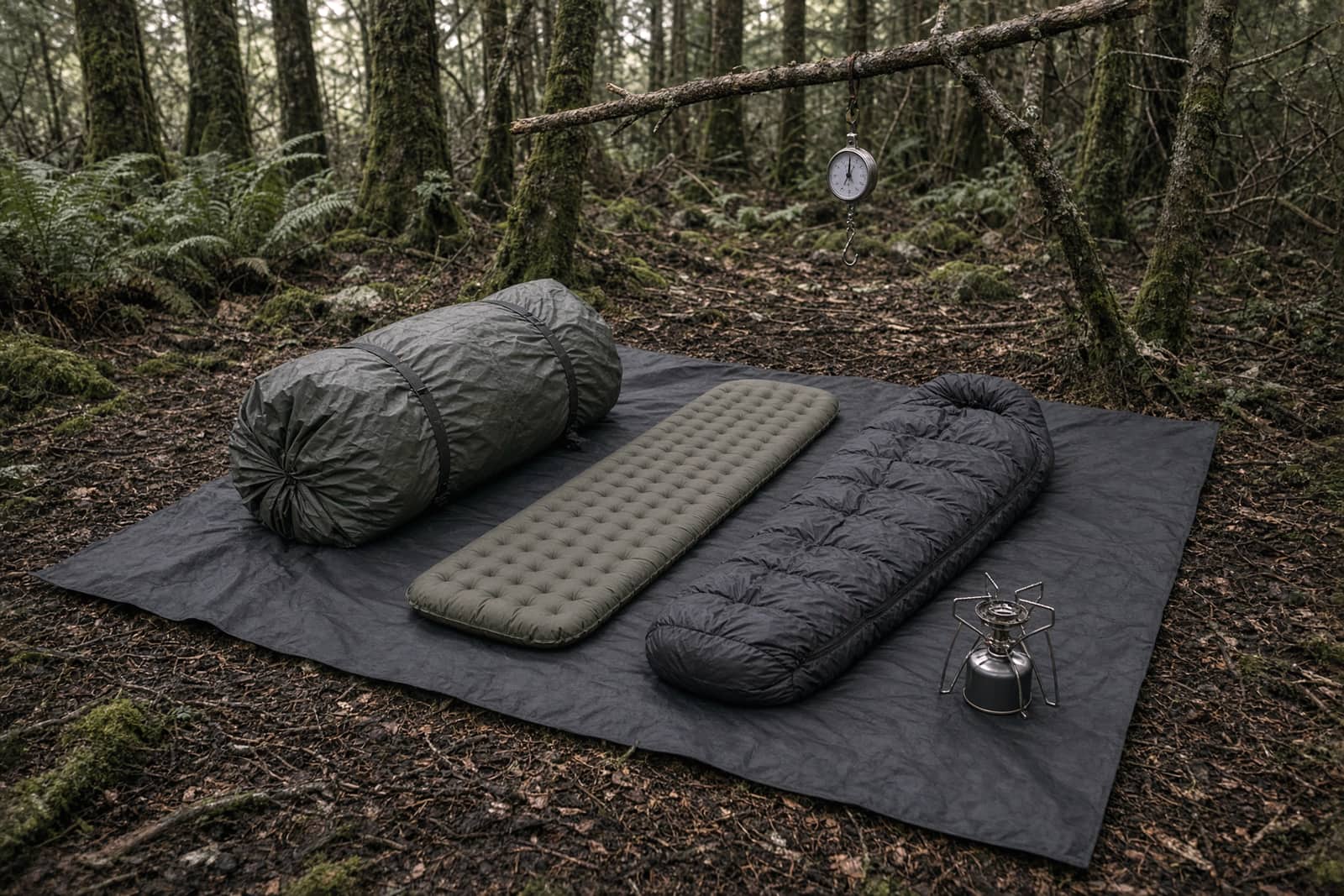 Pack contents laid out on a groundsheet with a small hanging scale