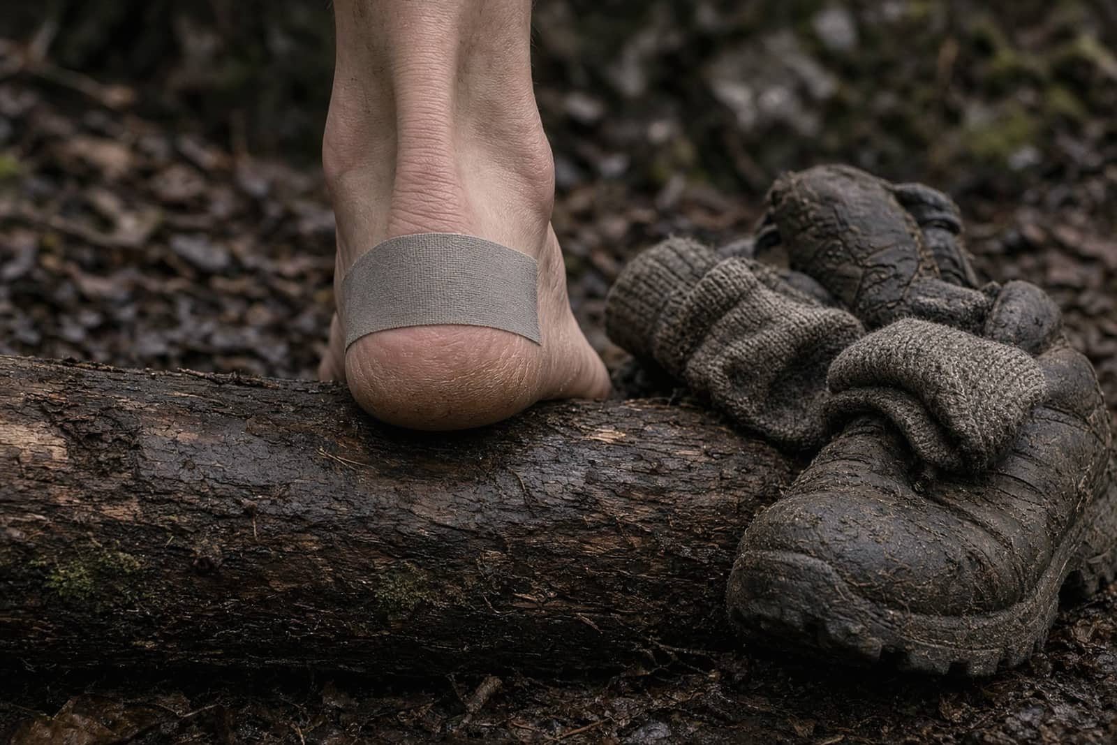 Hands applying tape to a heel, socks off, sitting on a log beside boots