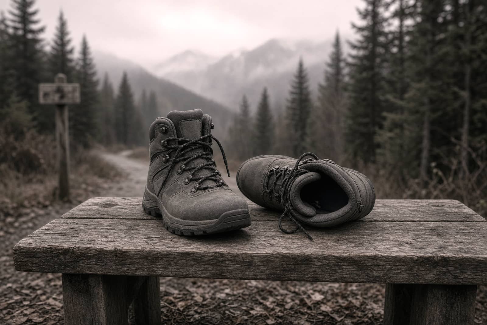 Hands lacing a hiking boot on a tailgate, heel-lock lacing visible