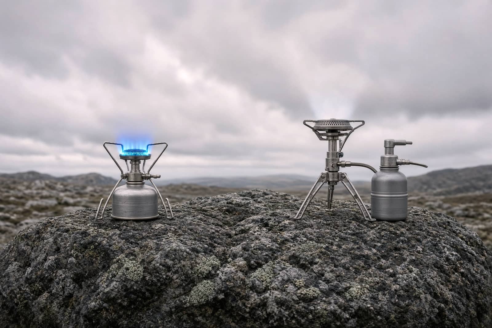 A canister stove and a liquid-fuel stove with its fuel bottle on snow-dusted rock