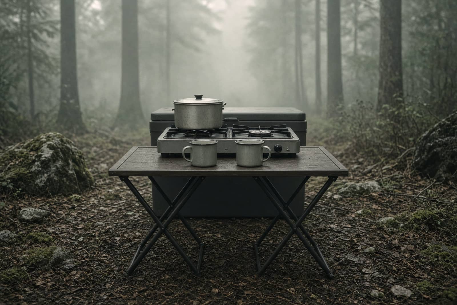 A standing-height camp table with a two-burner stove, wash bins and a cooler at a forest site