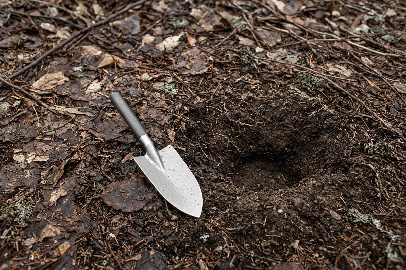 A small titanium trowel and a shallow hole in forest duff